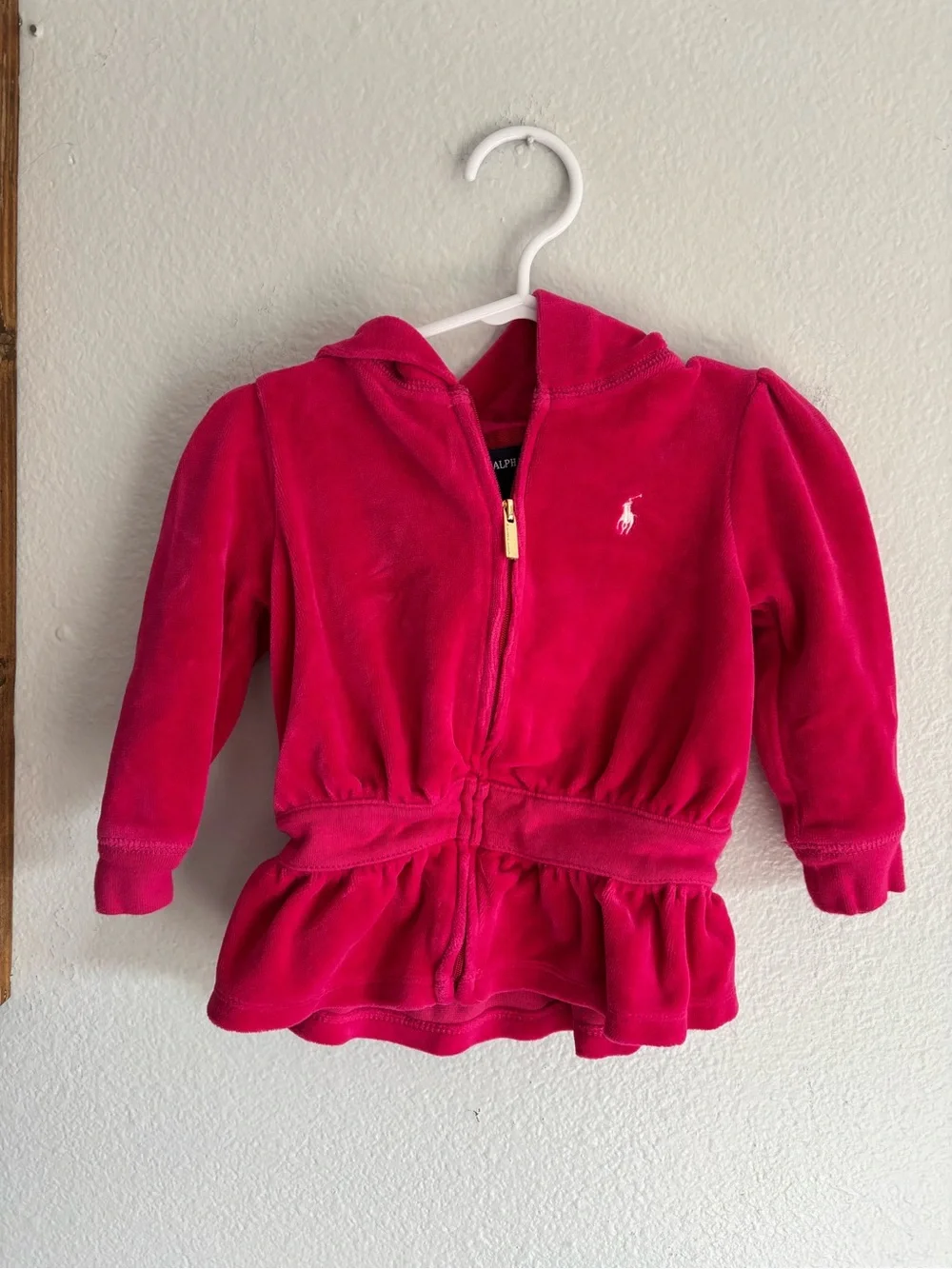 Ralph Lauren Baby Girls Size 12 Month Velour Zip Up Sweatshirt Hot Pink Peplum